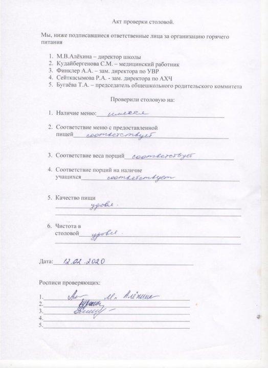 АКТ проверки столовой