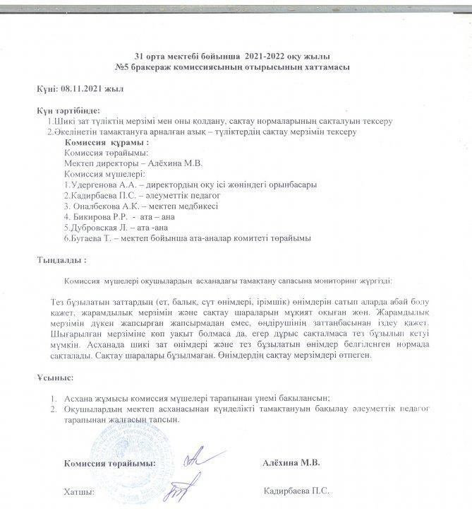 Бракераж комиссиясының хаттамасы