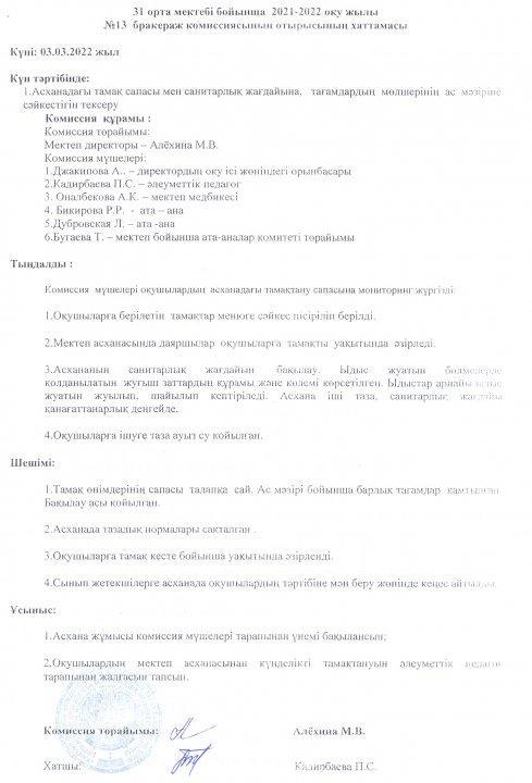 Комиссия отырысының хаттамасы