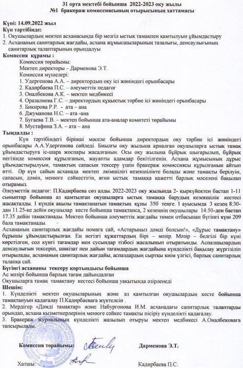 Бракераж кимиссиясының хаттамасы
