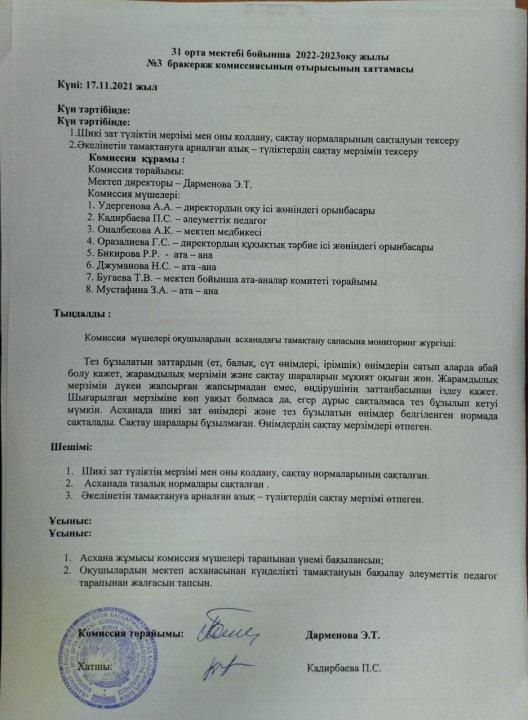 Бракераж комиссиясының отырысының хаттамасы