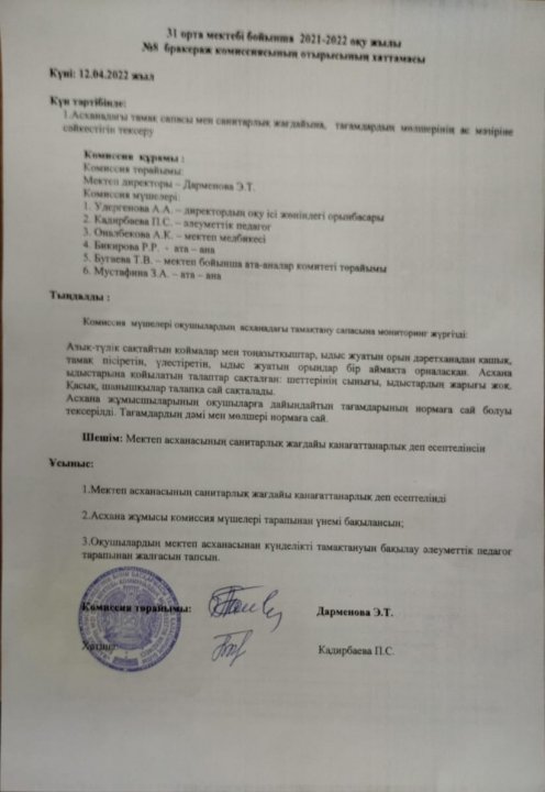Бракераж комиссиясының отырысының хаттамасы