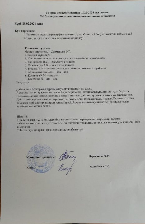 Бракераж комиссиясының хаттамасы