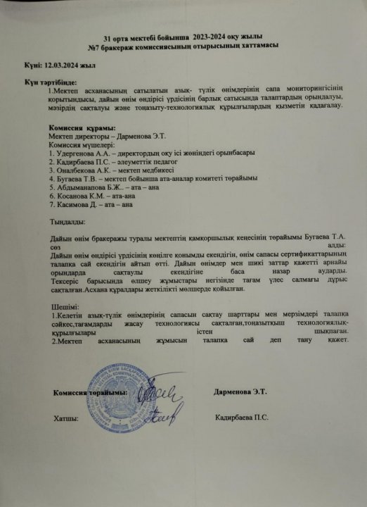 Бракераж комиссиясының отырысының хаттамасы