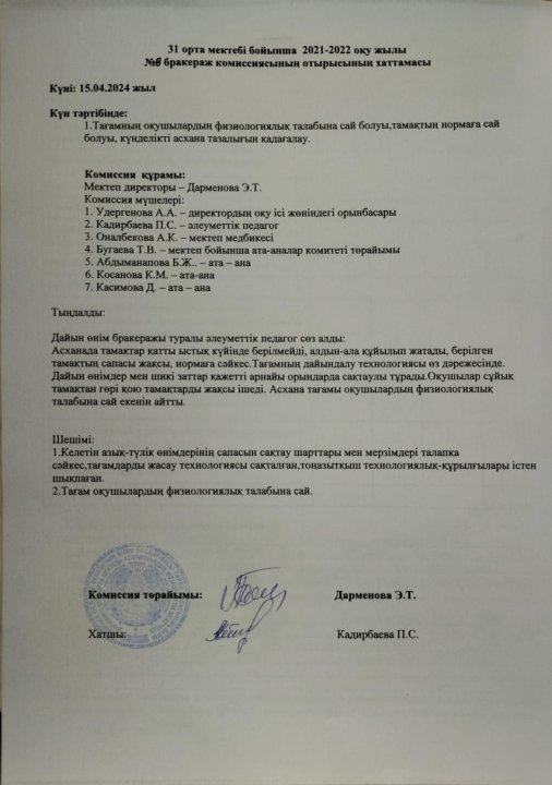 Бракераж комиссиясының отырысының хаттамасы