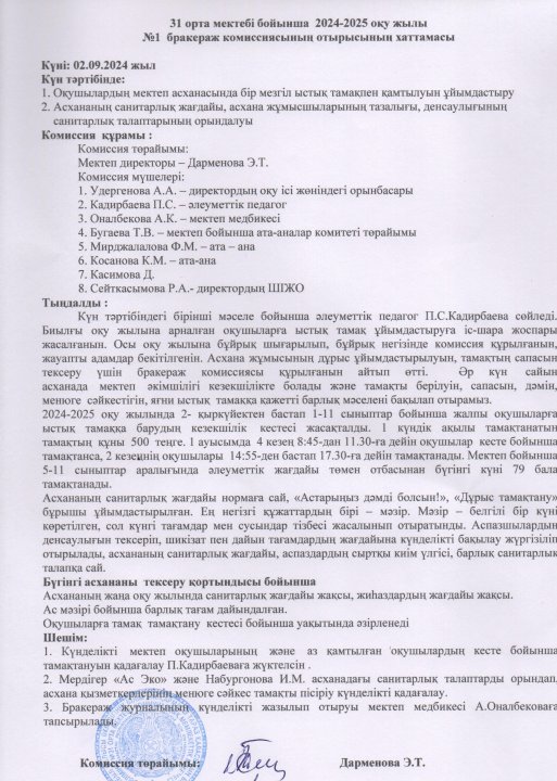 Бракераж комиссиясының хаттамасы