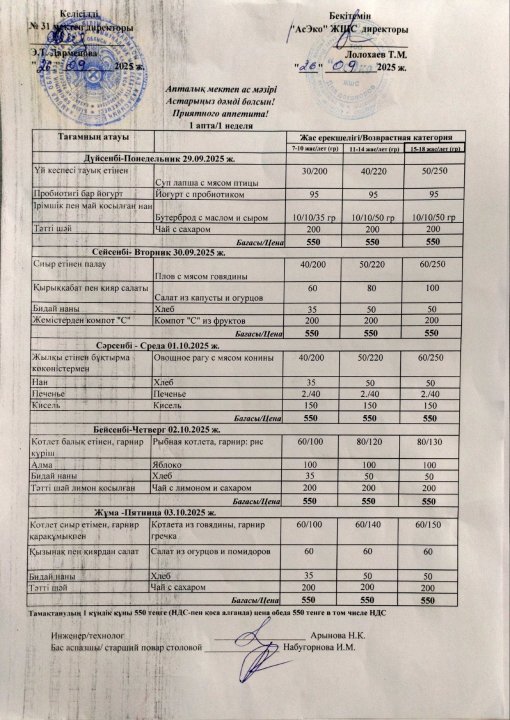 Апталық ас мәзірі