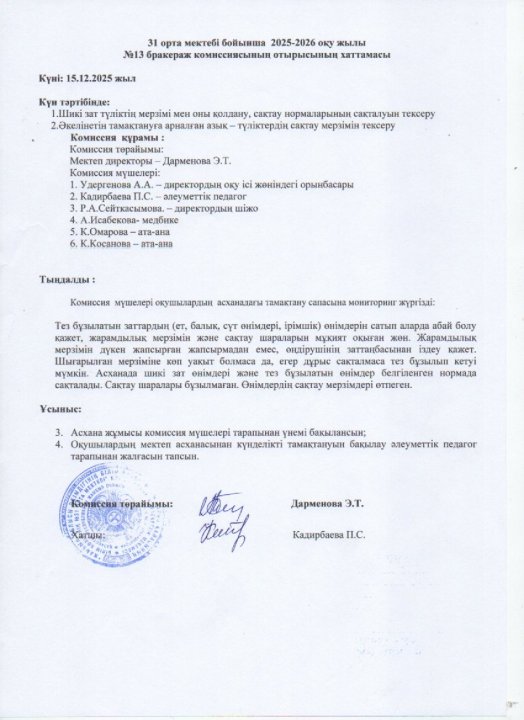 Бракераж отырысының хаттамасы