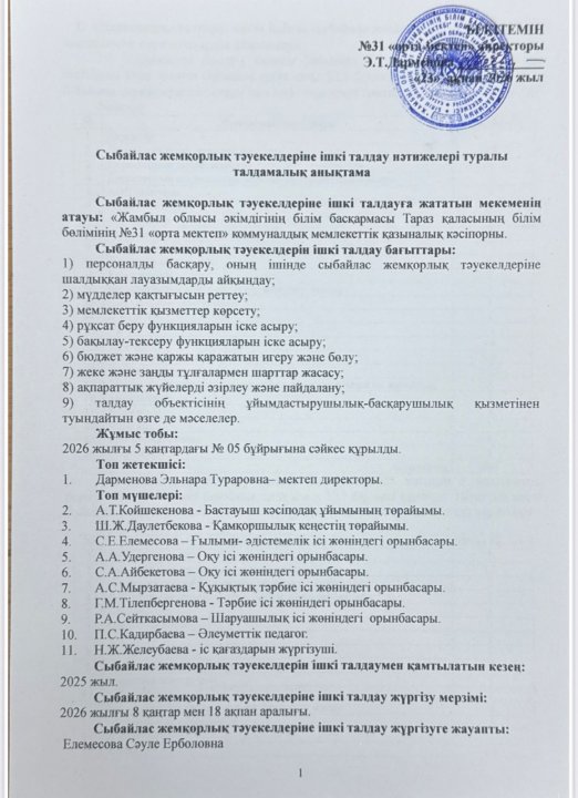 Сыбайлас жемқорлық тәуекелдеріне ішкі талдау нәтижелері туралы талдамалық анықтама