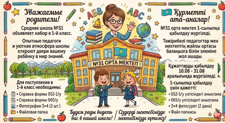 Жамбыл облысы білім басқармасының бұйрығына сәйкес, №31 орта мектебі 1-сыныпқа құжаттар қабылдаудың басталғанын хабарлайды.