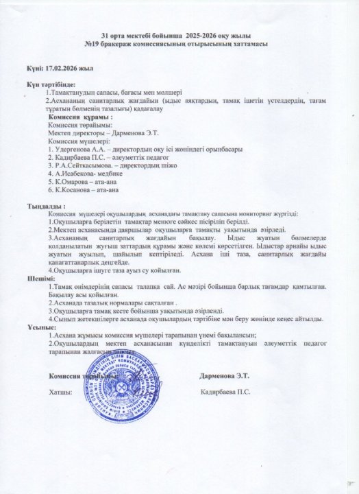 Бракераж комиссиясының асхананы тексеру актісі мен хаттамасы