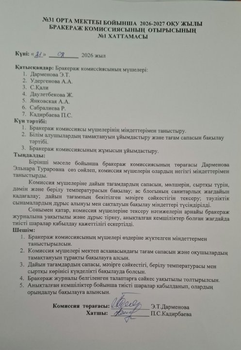 Бракераж комиссиясы отырысының  хаттамасы